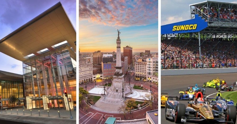 Left to right: Indiana Convention Center; Monument Circle in downtown Indianapolis; a previous running of the Indy 500 at the Indianapolis Motor Speedway