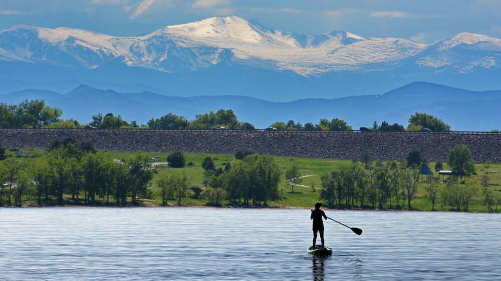 Stand-up paddle boarding in Aurora's Cherry Creek Reservoir