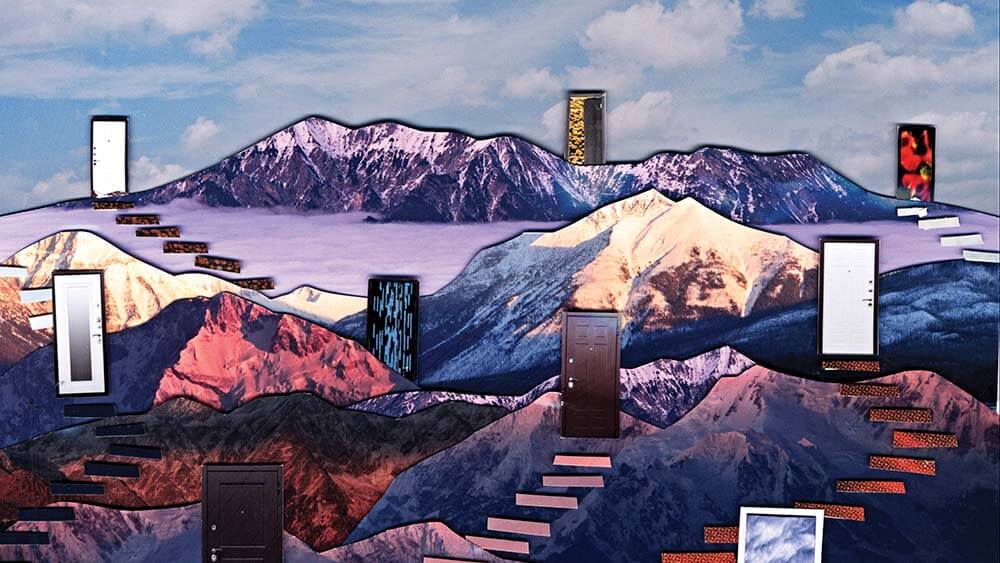 illustration of doors on a mountain range