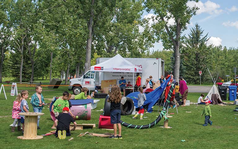 Children play at one of Calgary's mobile play centers