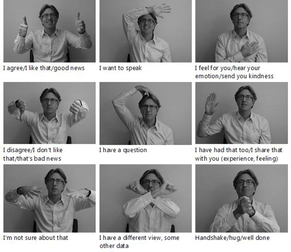 demonstrating nine hand gestures for online meetings