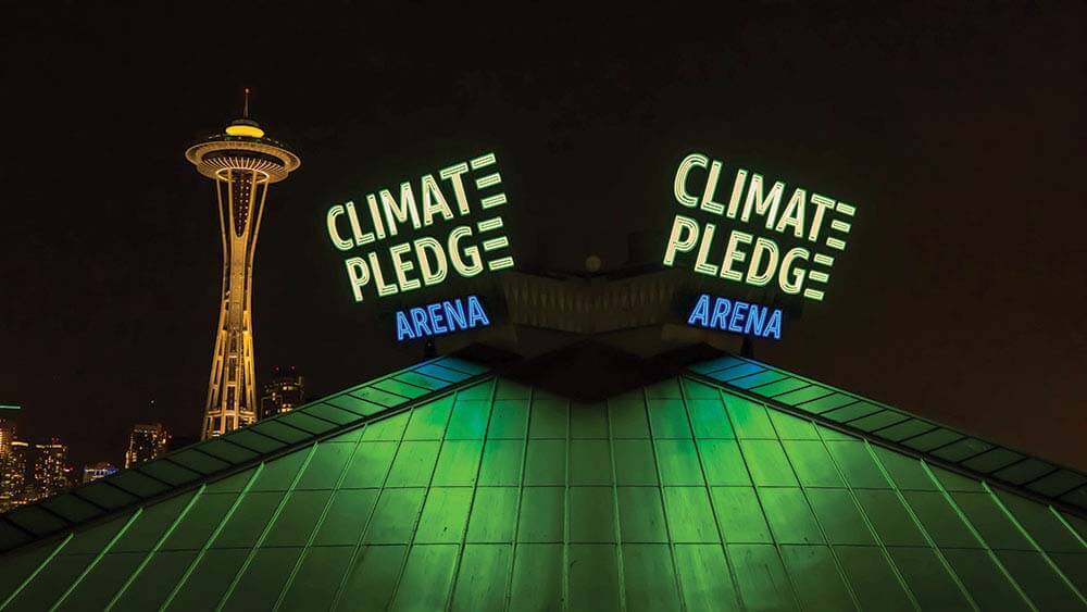 Climate Pledge Arena at night Seattle