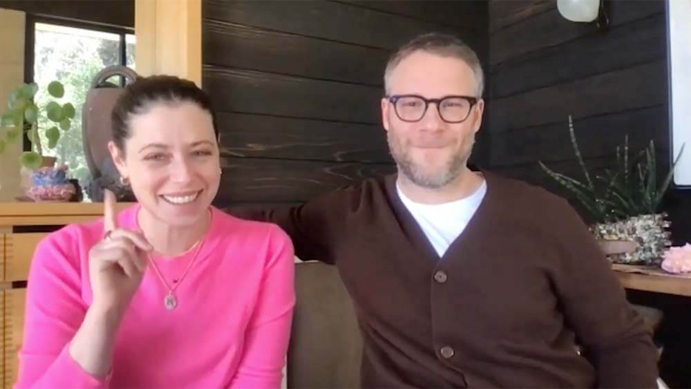 Seth Rogen and Lauren Miller Rogen laughing in online chat