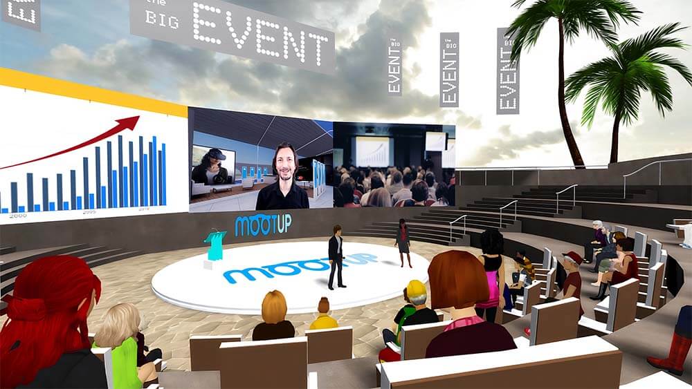 virtual conference room with avatars looking at speakers, screens