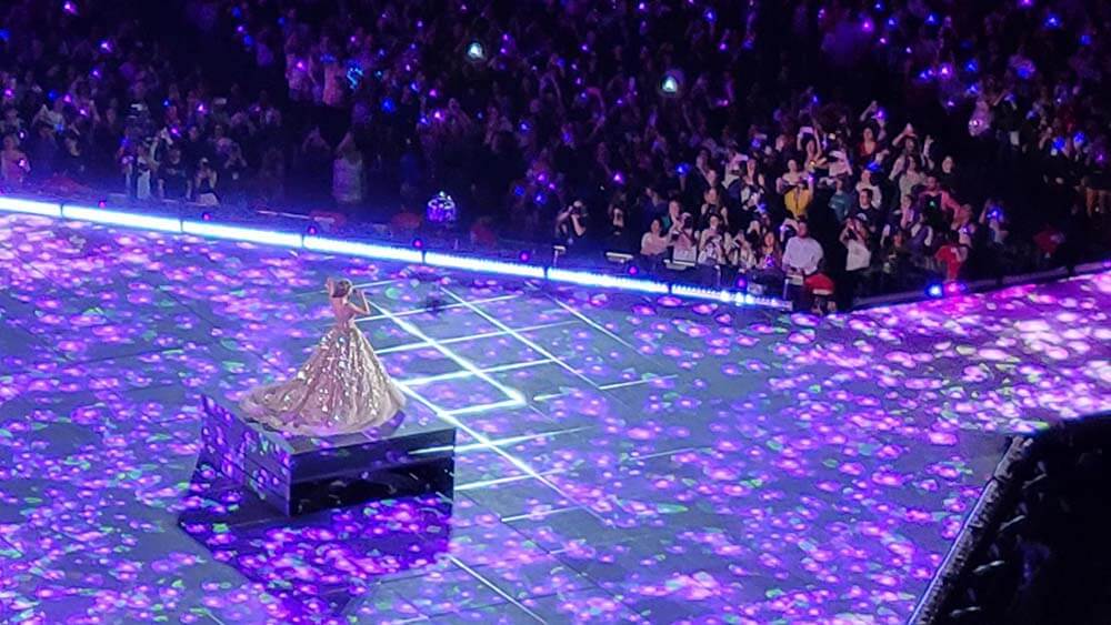 singer in sequined gown performing in front of thousands of fans