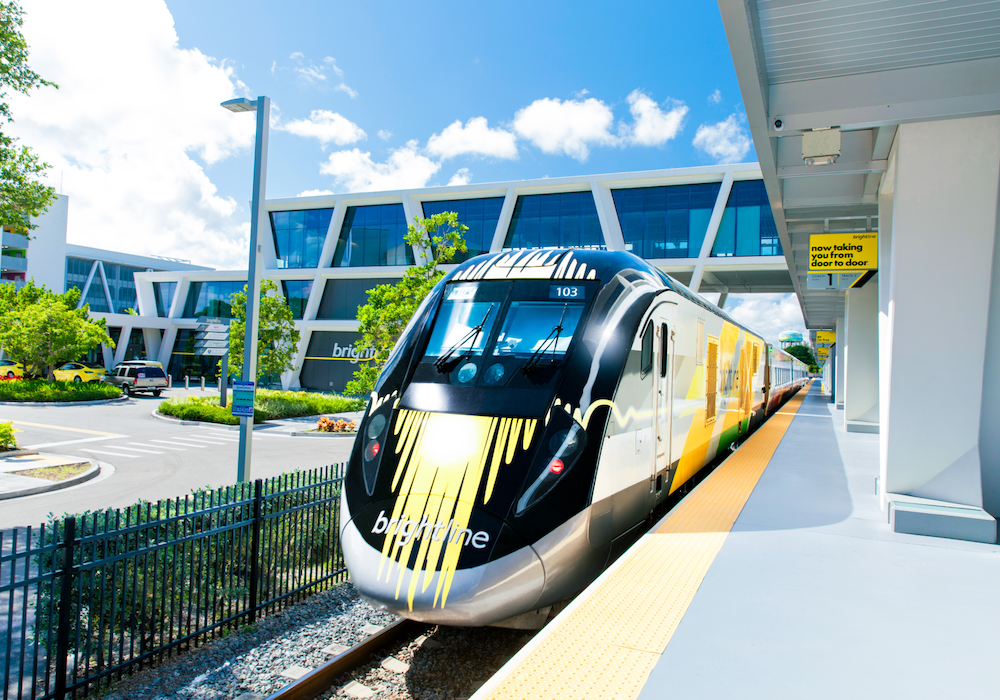 A Brightline train at a station.