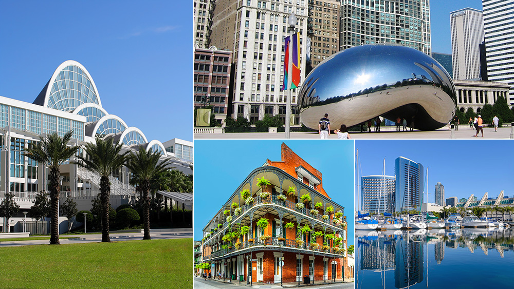 4 images: Orlando Convention Center, Chicago Bean sculpture, New Orleans French Quarter, San Diego bay