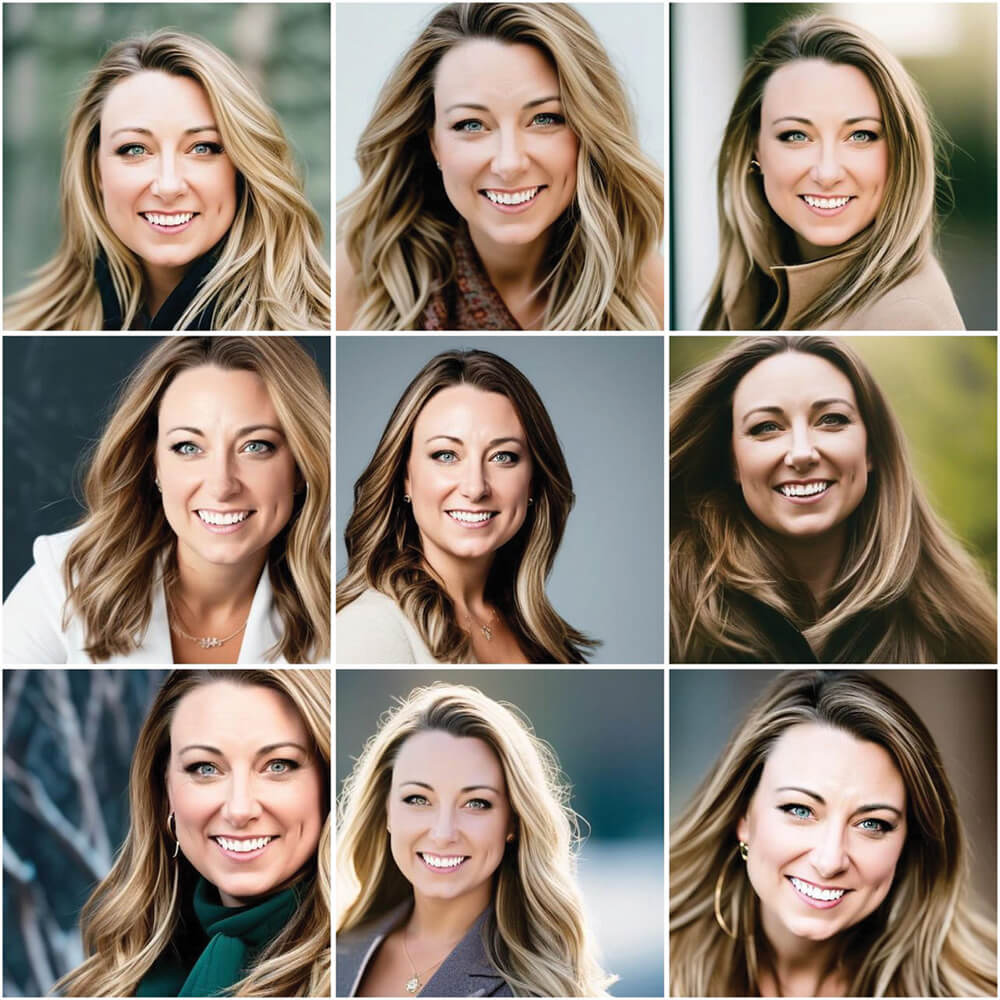 several AI generated head shots of woman in different poses