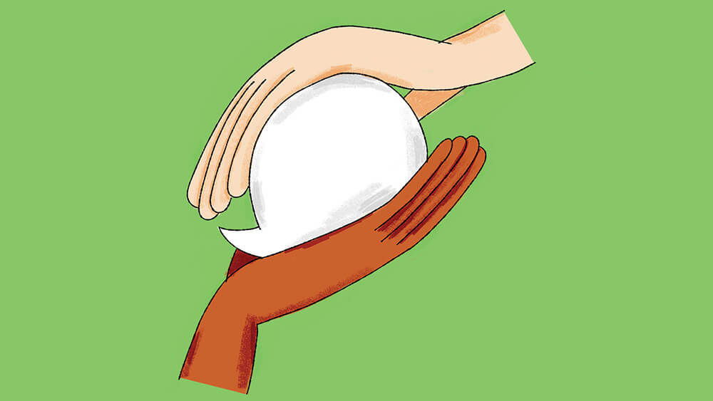 illustration of two hands holding word bubble