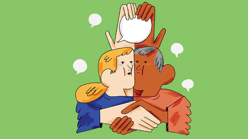 illustration of two people shaking hands while holding a thought bubble