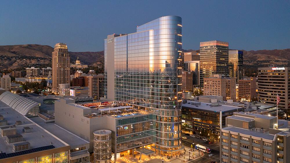 exterior of glass Hyatt building