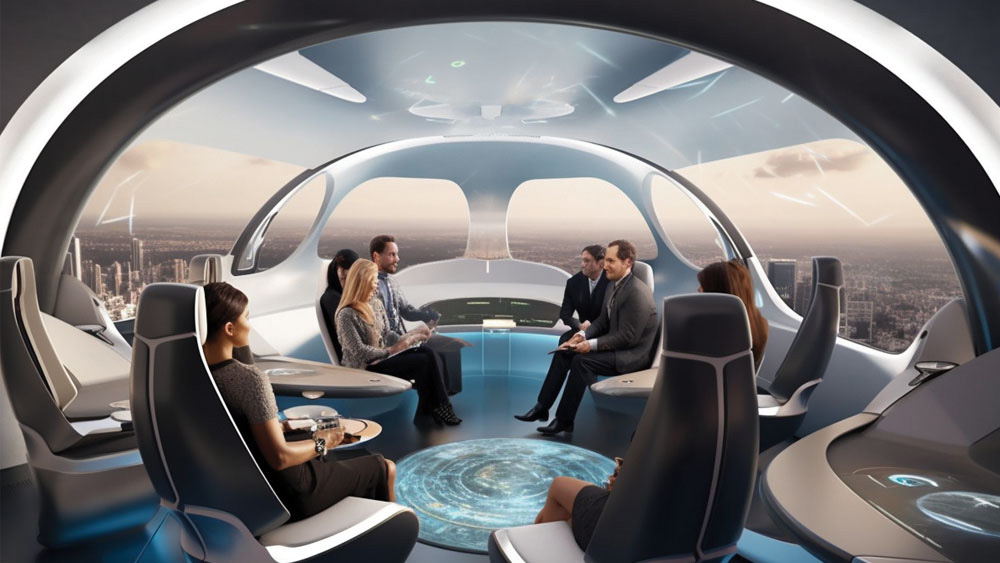 business people seated in circle on what looks like an airplane