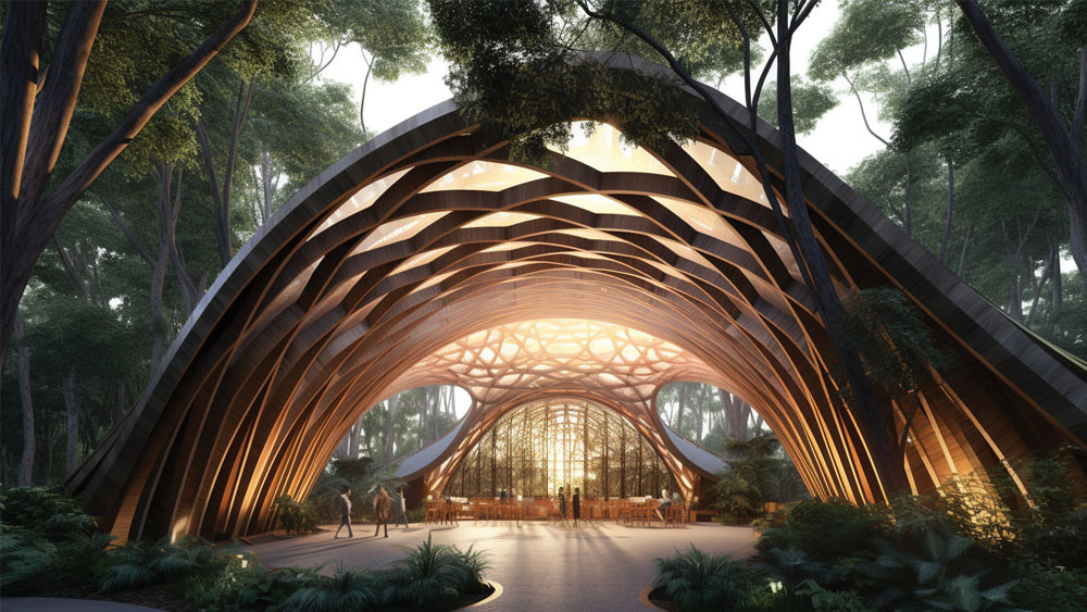 futuristic outdoor pavilion among trees with trellised wooden dome roof