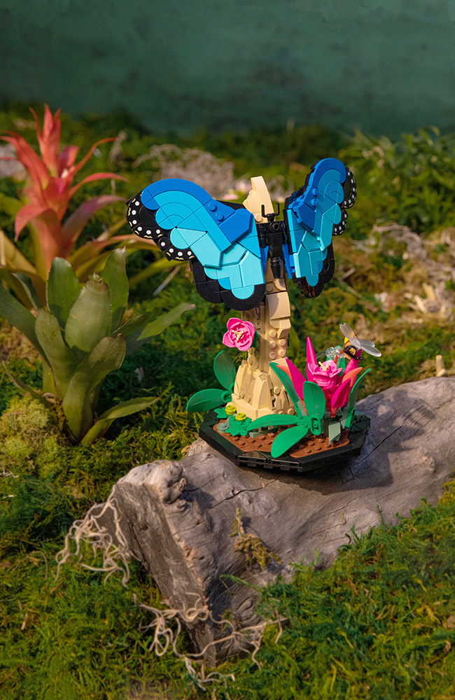 blue butterfly on a plant, all made a legos