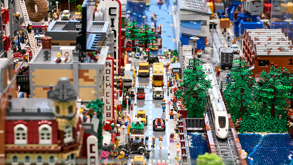 Lego city downtown set with trains, cars, buildings