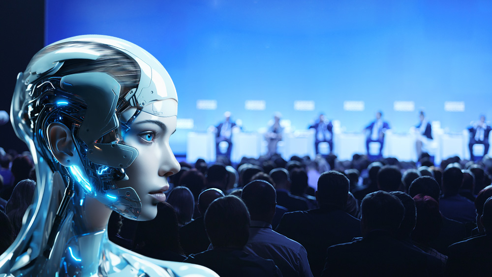 female robot looking over panel discussion on stage at convention