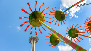 glass flowers seen from below and space needle