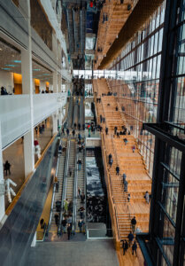 huge staircase next to glass walls