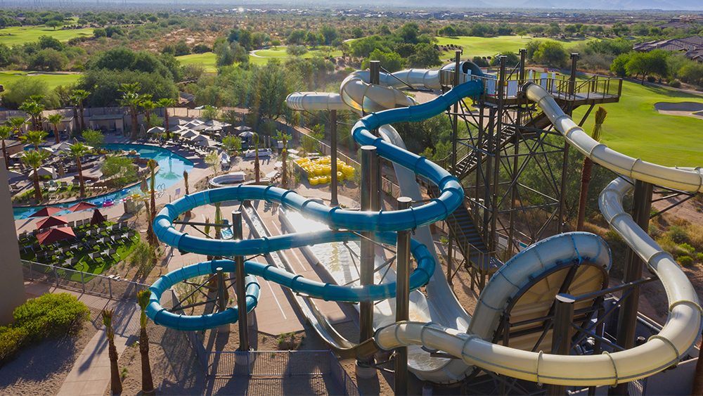 The newly renovated JW Marriot Desert Ridge is a five-star luxury hotel and one of the area’s largest with 950 rooms, two championship golf courses, and a water park