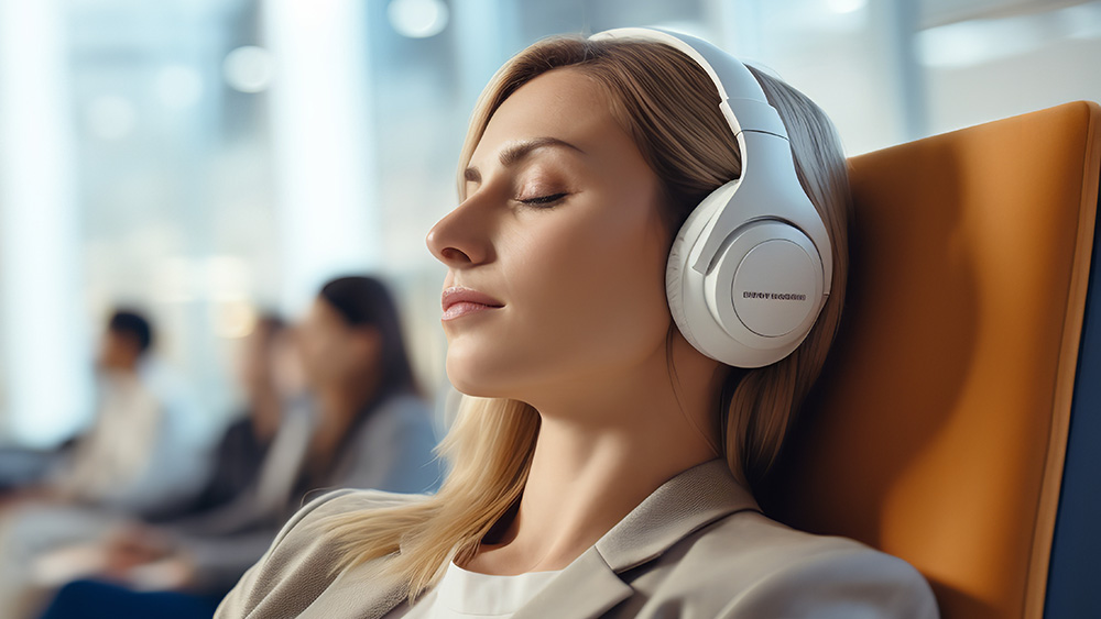 woman with eyes close listening to headphones