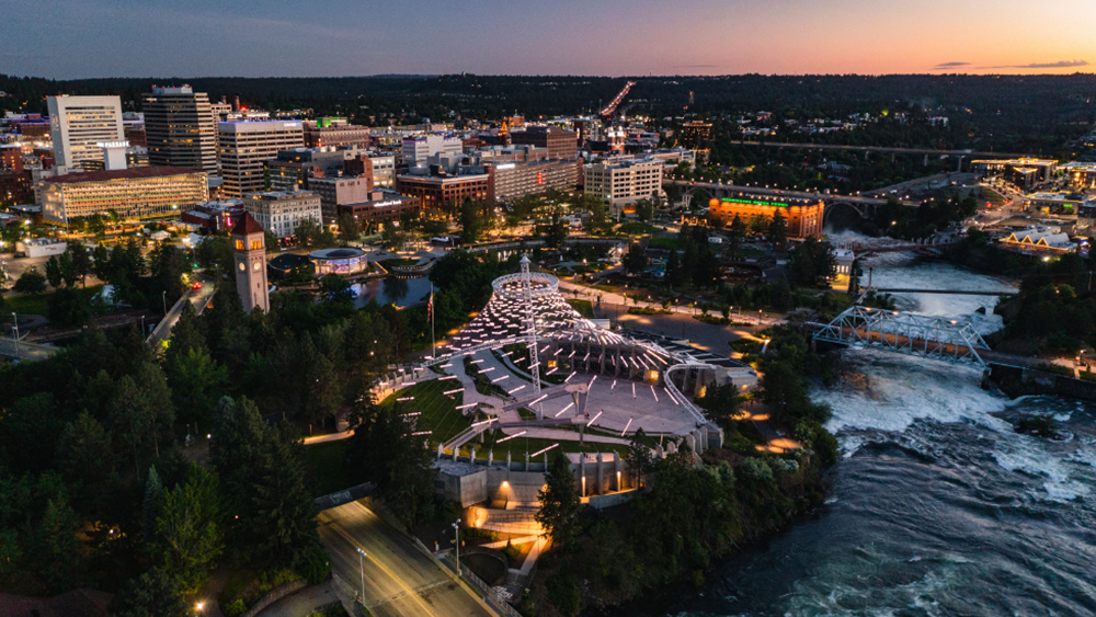Night falls over Riverfront Park in downtown Spokane.