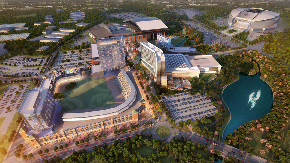 aerial of event campus with stadium, ballpark, convention buildings