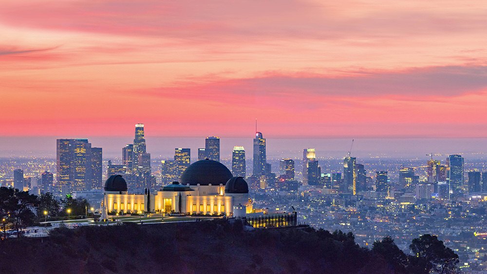 LA’s Griffith Observatory and skyline, at sunset