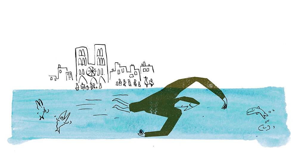 illustration of someone swimming in river with fish