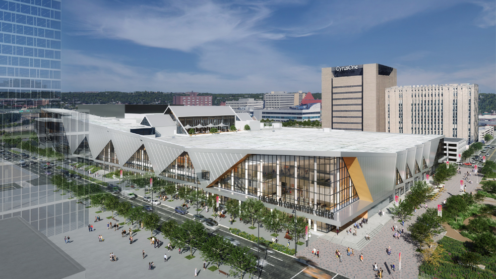 Computer rendering of the future Cincinnati Convention Center aerial shot