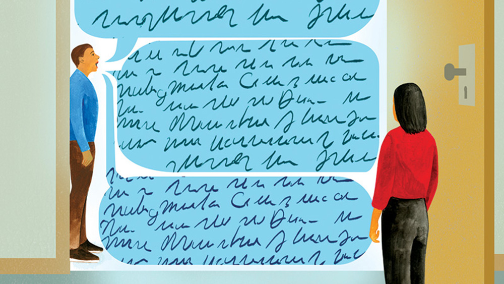 illo of man with 3 speech bubbles, woman with none