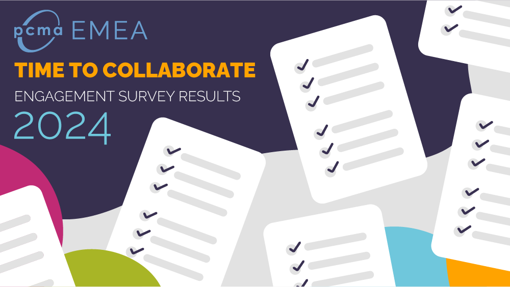 PCMA EMEA graphic showing survey pages with ticked boxes and text reading time to collaborate engagement survey results 2024