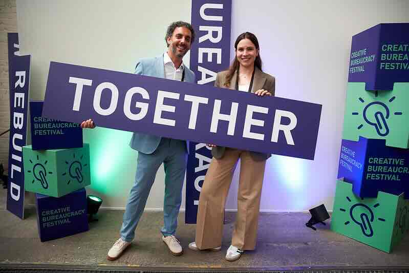 Almost all of the Creative Bureaucracy Festival’s signs are printed on cardboard to reduce plastic waste.