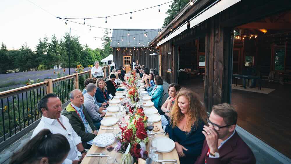 A dinner on the patio at Bilston Creek Lavender Farm comes with lovely views of the lavender field.