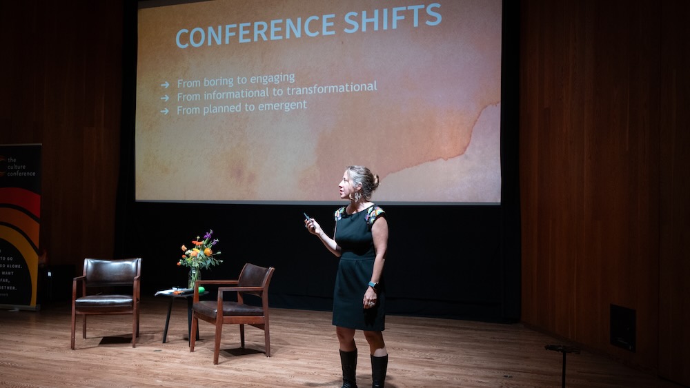 Jenny Sauer-Klein, found of The Primary Shift workplace experience design studio, brought 150 participants together to talk about how to build connection and impact at the inaugural The Conference for Conferences. Photo by Selina Pan