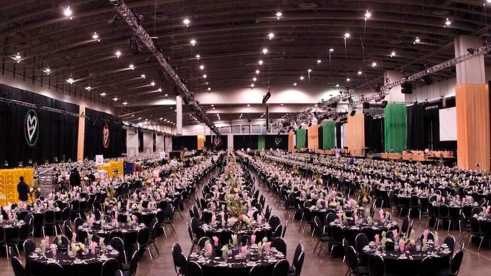 Annual meetings of Alpha Kappa Alpha Sorority, one of the nine Black Greek-letter organizations included in the Pan-Hellenic Council, are so large that the sorority’s 100th anniversary 35,000-person gathering set a Guinness World Record for the world’s largest sit-down dinner. This photo shows one of three rooms set for more than 16,206 diners in 2008.