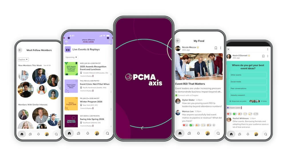 PCMA’s Axis digital platform lets the global events community interact through chat, polls, and updates from their professional networks. The platform also hosts live events for Axis members, with some past events available on demand.