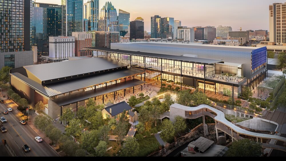 A rendering of the future Austin Convention Center, which will feature new pedestrian streetscapes and green spaces. Photo courtesy Austin Convention Center.