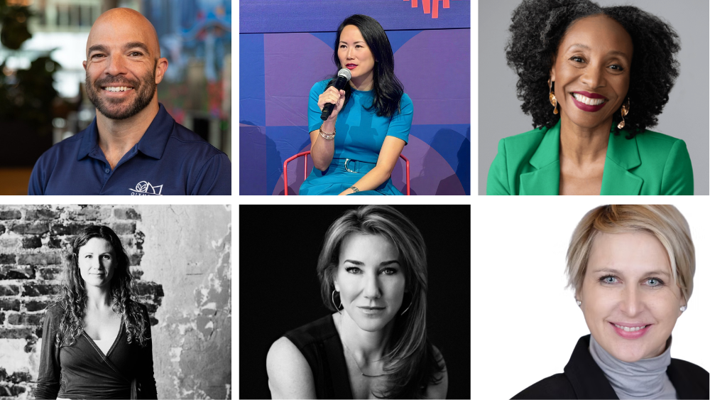 A grid of six Season 11 Convene Podcast guests. Top row, from left: David T. Stevens, Yush Sztalkoper, and Natalie Nixon. Bottom row, from left: Kelly-Jean Moore, Laura Gassner Otting, and Angelika Bazarnik.